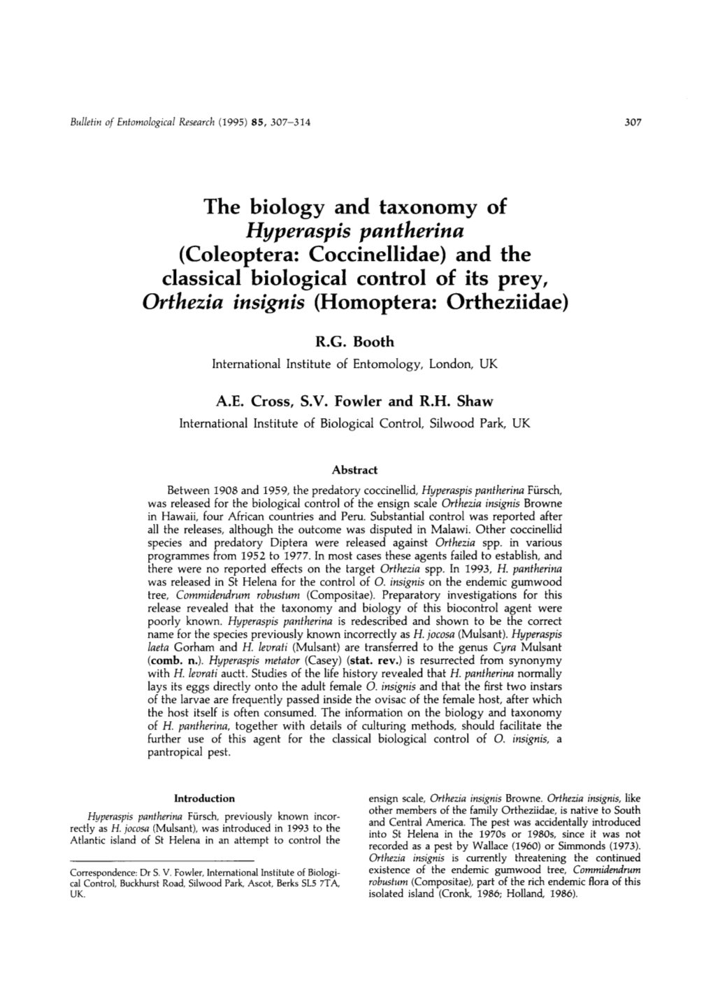 The Biology and Taxonomy of Hyperaspis Pantherina (Coleoptera