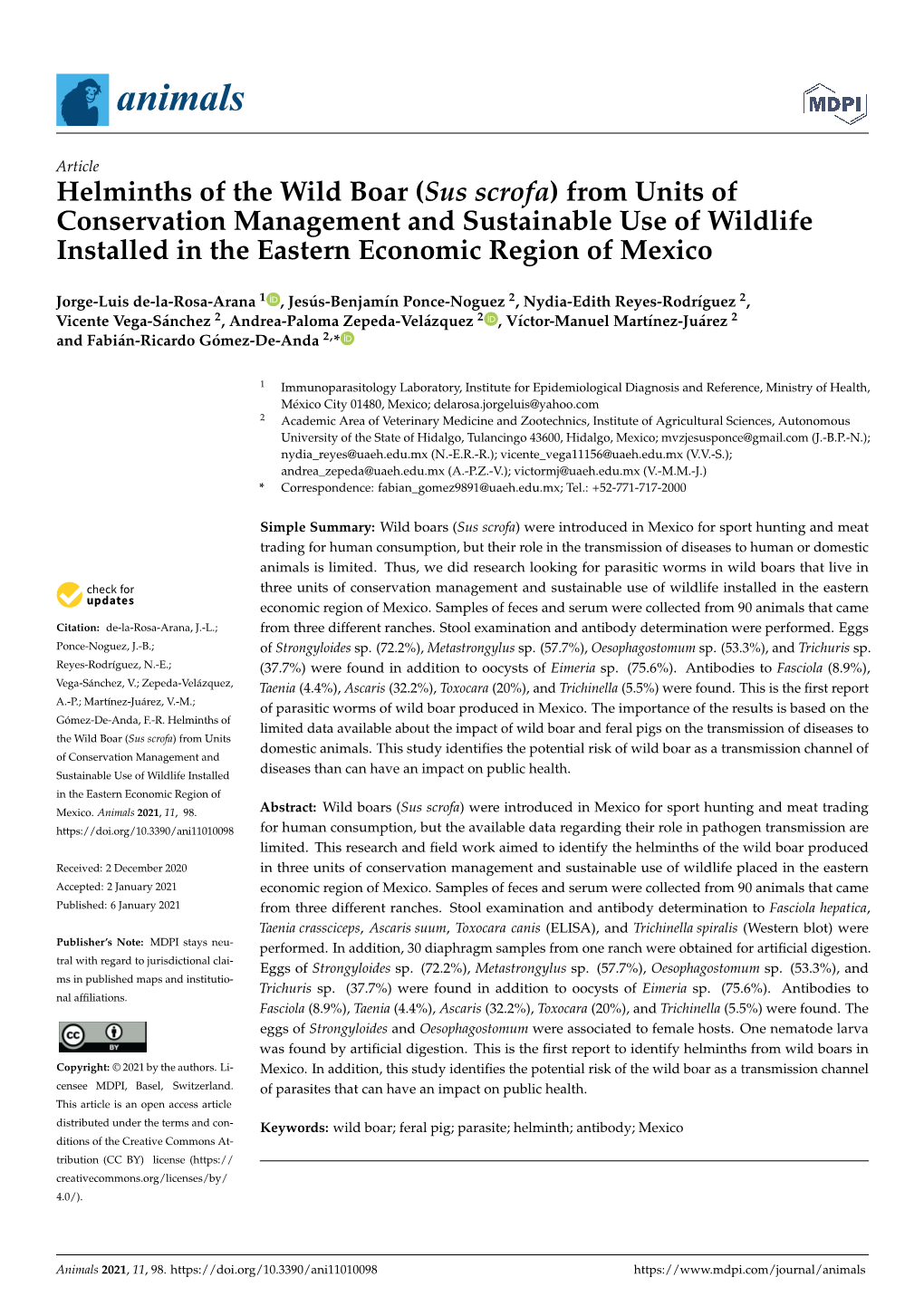 Helminths of the Wild Boar (Sus Scrofa) from Units of Conservation Management and Sustainable Use of Wildlife Installed in the Eastern Economic Region of Mexico