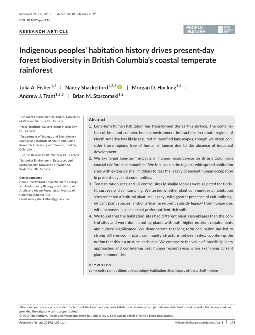 Indigenous Peoples' Habitation History Drives Present‐Day Forest