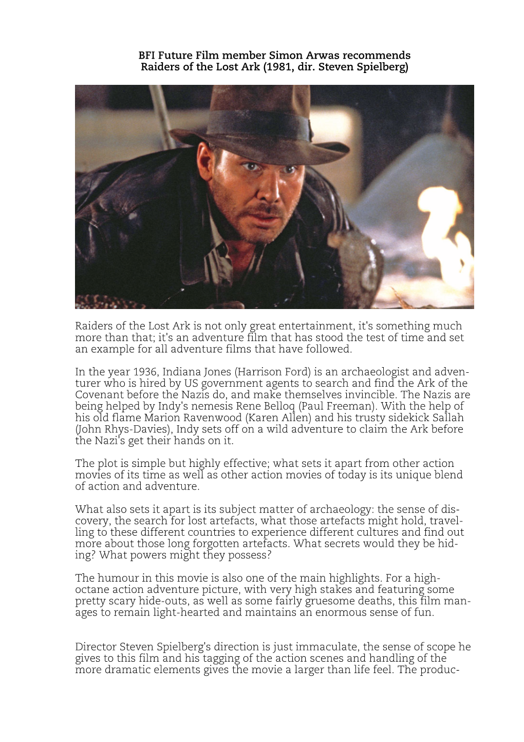 BFI Future Film Member Simon Arwas Recommends Raiders of the Lost Ark (1981, Dir