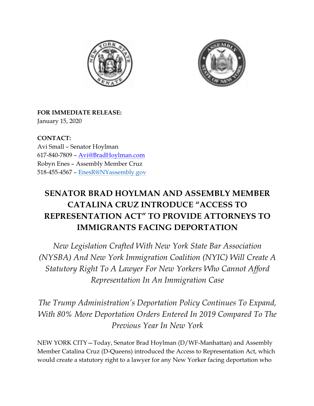 Senator Brad Hoylman and Assembly Member Catalina Cruz Introduce “Access to Representation Act” to Provide Attorneys to Immigrants Facing Deportation