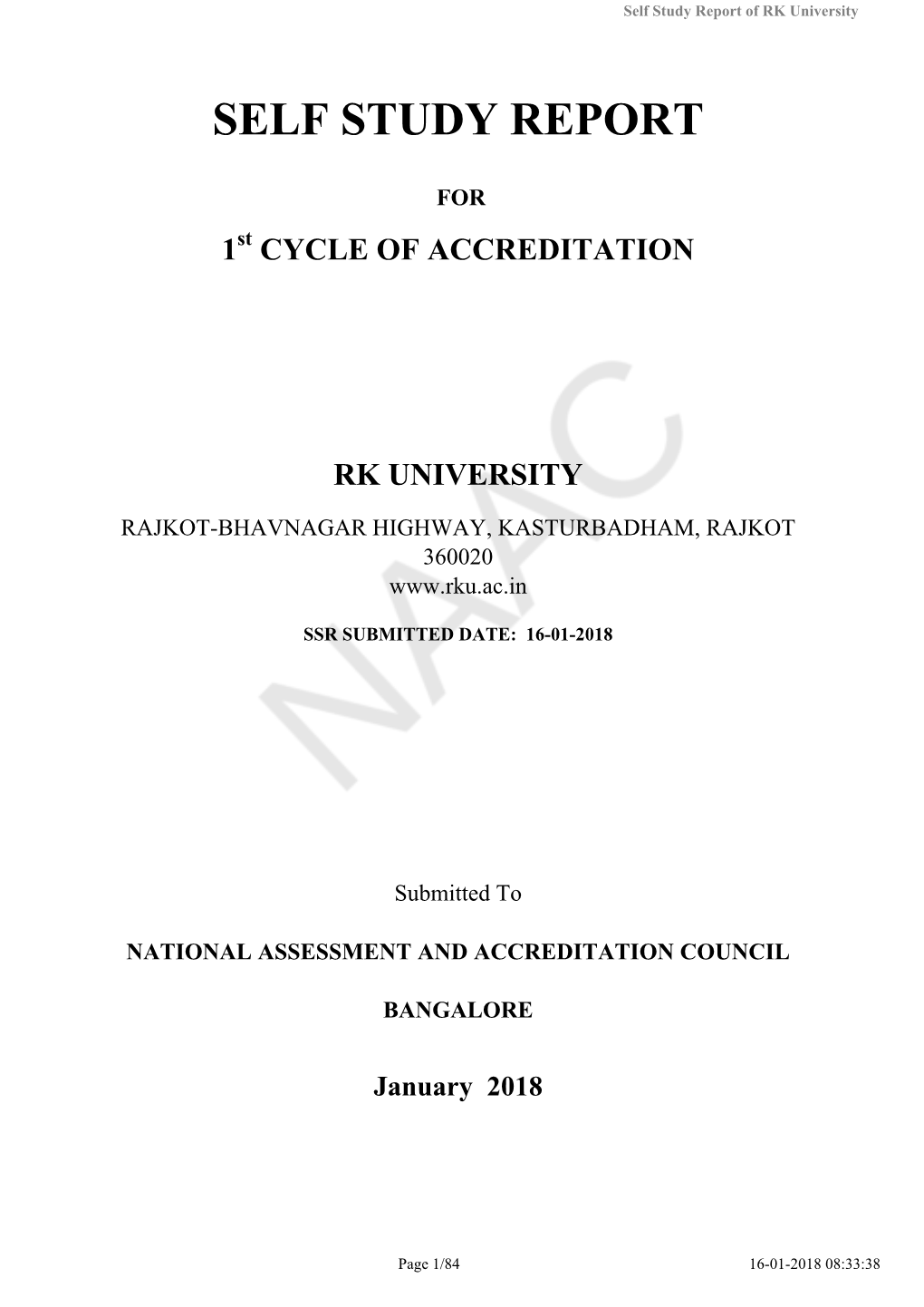 Self Study Report of RK University