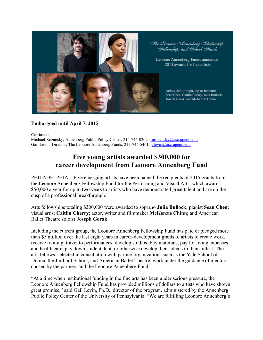 Five Young Artists Awarded $300,000 for Career Development from Leonore Annenberg Fund