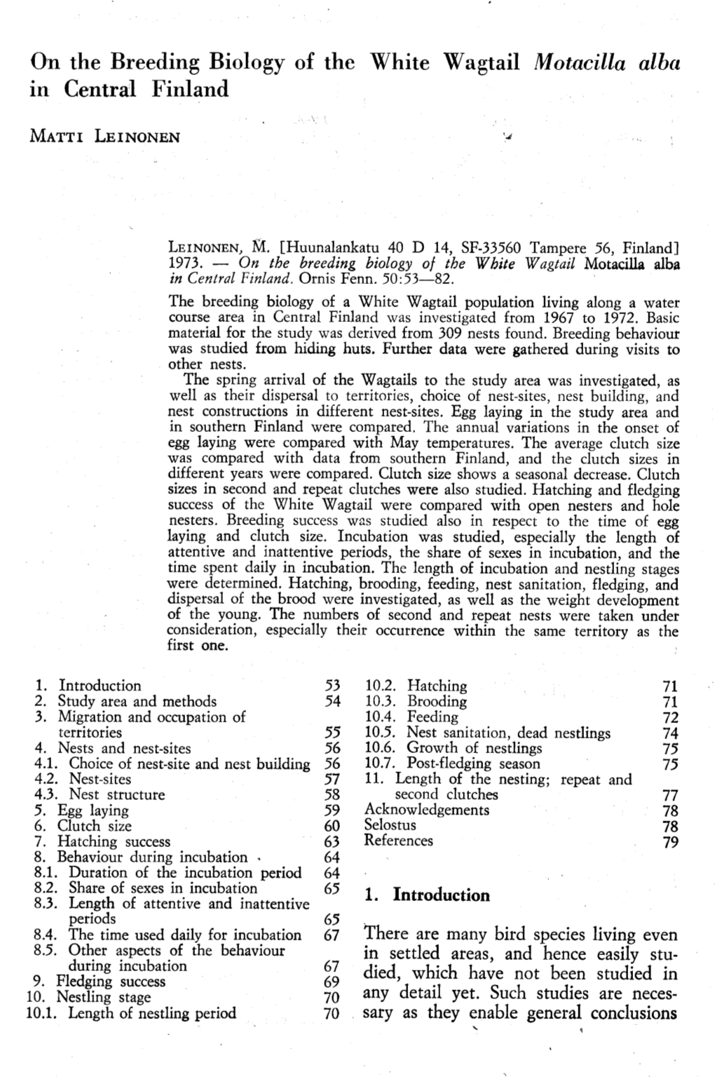 On the Breeding Biology of the White Wagtail Motacilla Albs in Central Finland