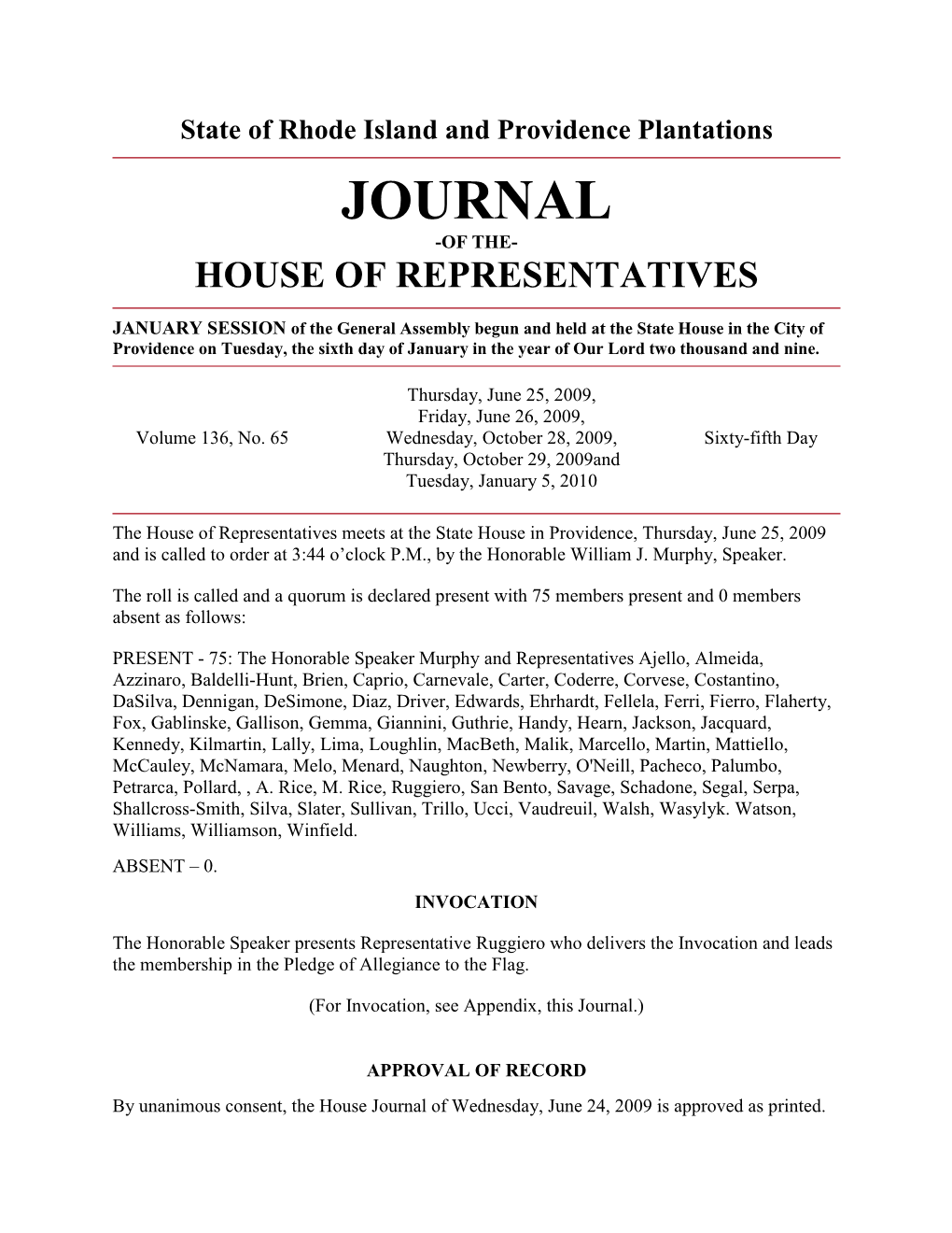 Journal -Of The- House of Representatives