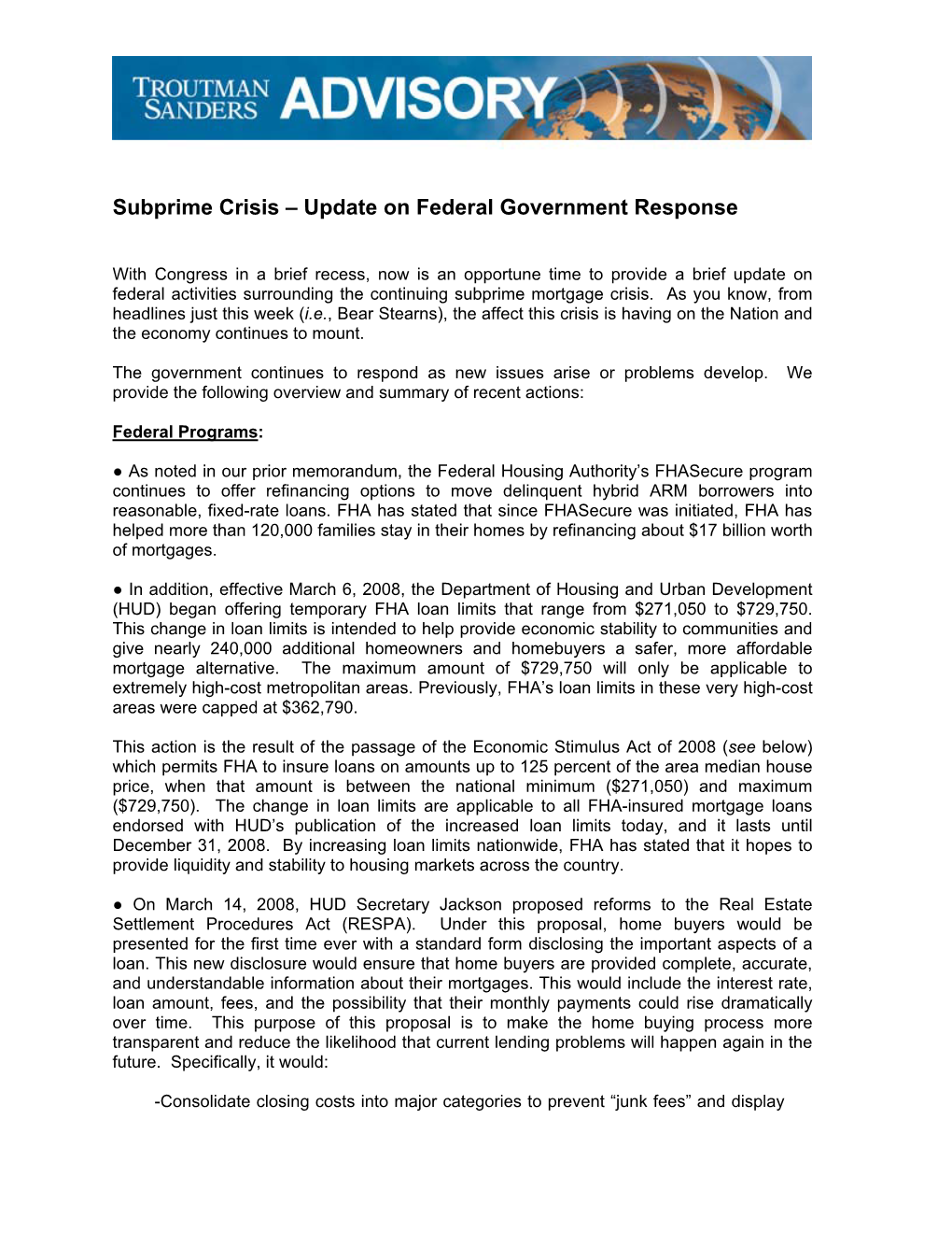 Subprime Crisis – Update on Federal Government Response