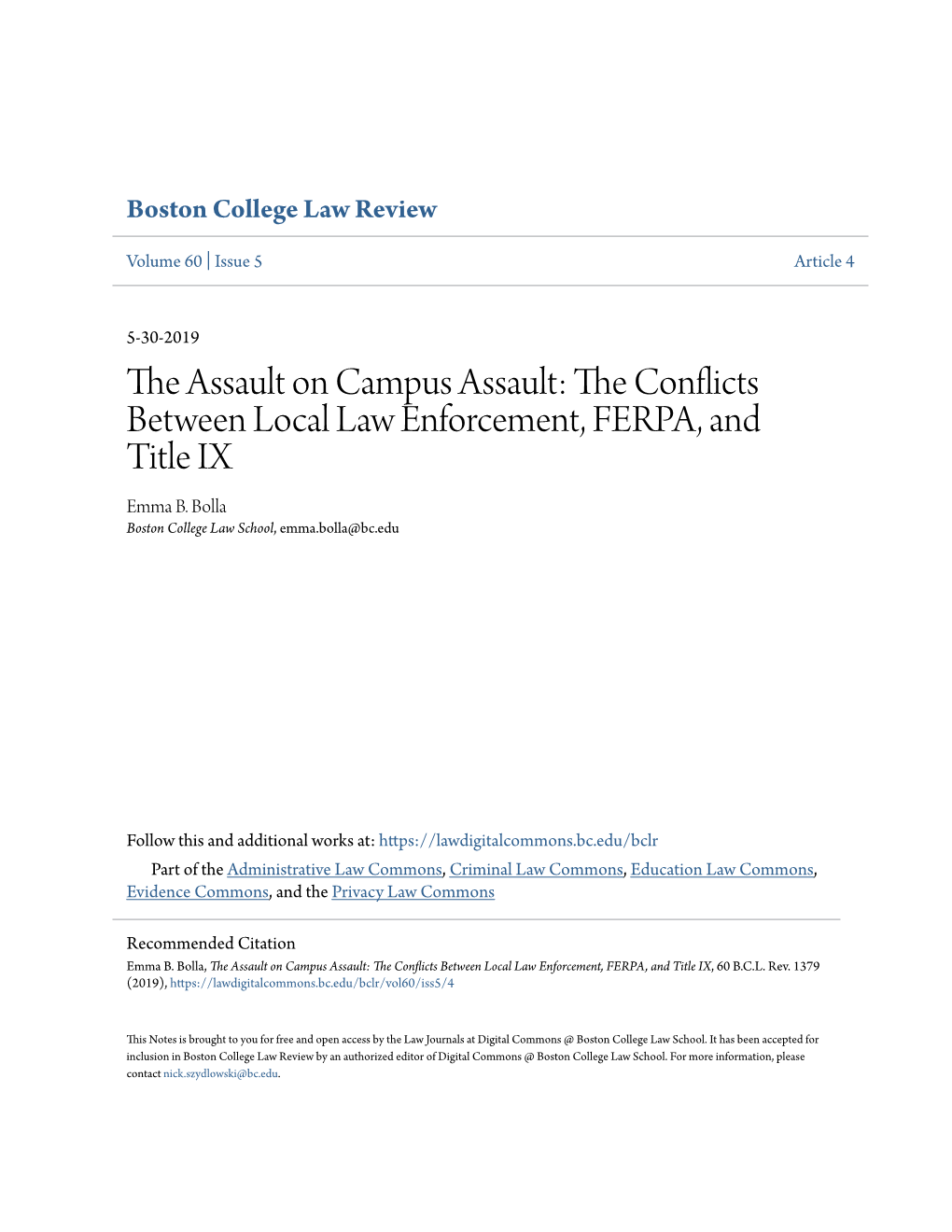 The Conflicts Between Local Law Enforcement, FERPA, and Title IX, 60 B.C.L