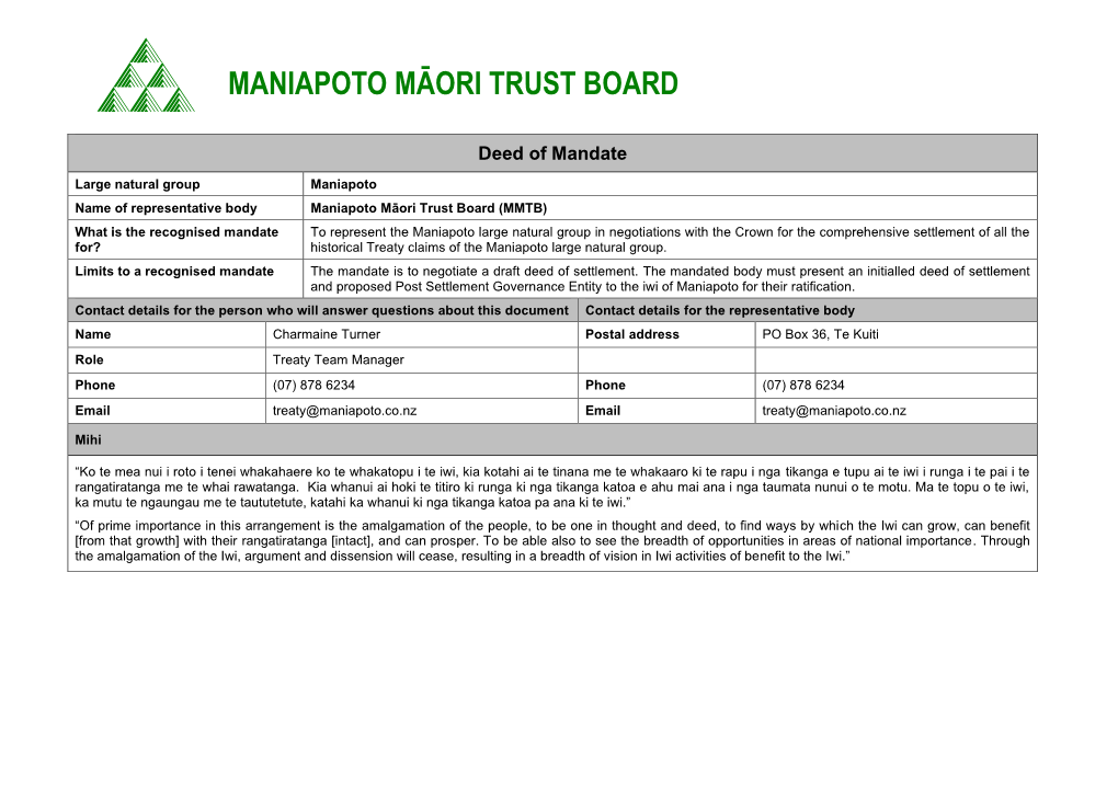 Maniapoto Deed of Mandate