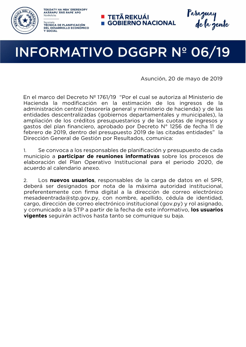 Asunción, 20 De Mayo De 2019 En El Marco Del Decreto Nº 1761/19