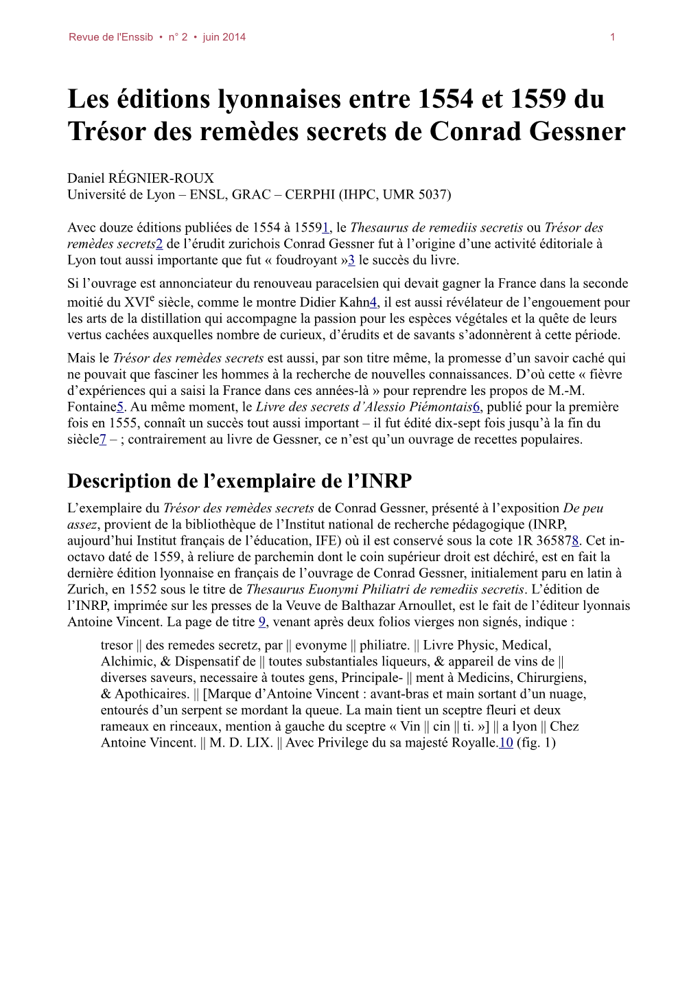 Les Éditions Lyonnaises Entre 1554 Et 1559 Du Trésor Des Remèdes Secrets De Conrad Gessner