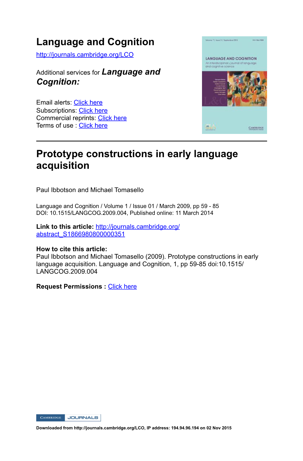 Language and Cognition Prototype Constructions in Early Language