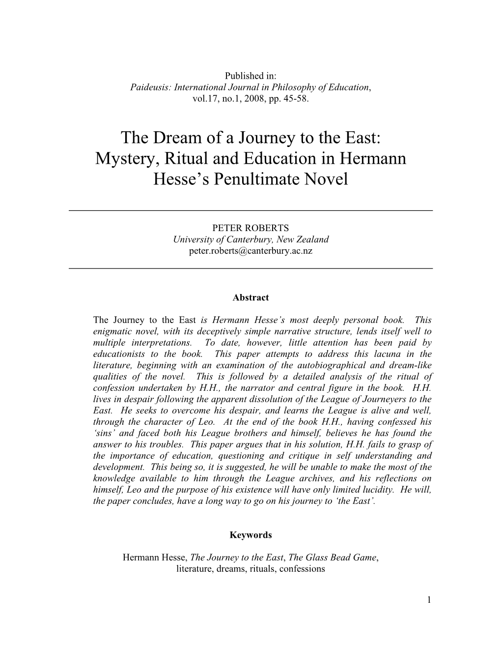 The Dream of a Journey to the East: Mystery, Ritual and Education in Hermann Hesse's Penultimate Novel