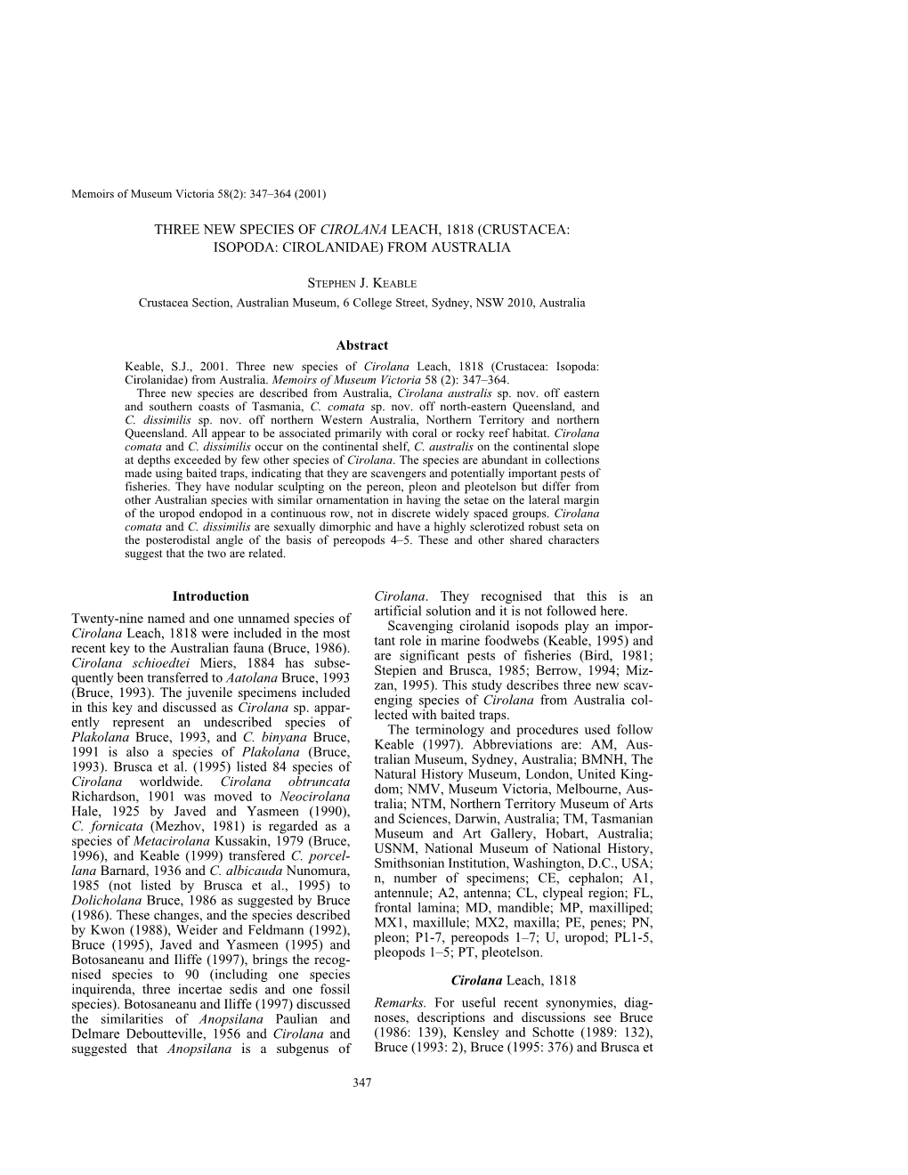 Three New Species of Cirolana Leach, 1818 (Crustacea: Isopoda: Cirolanidae) from Australia