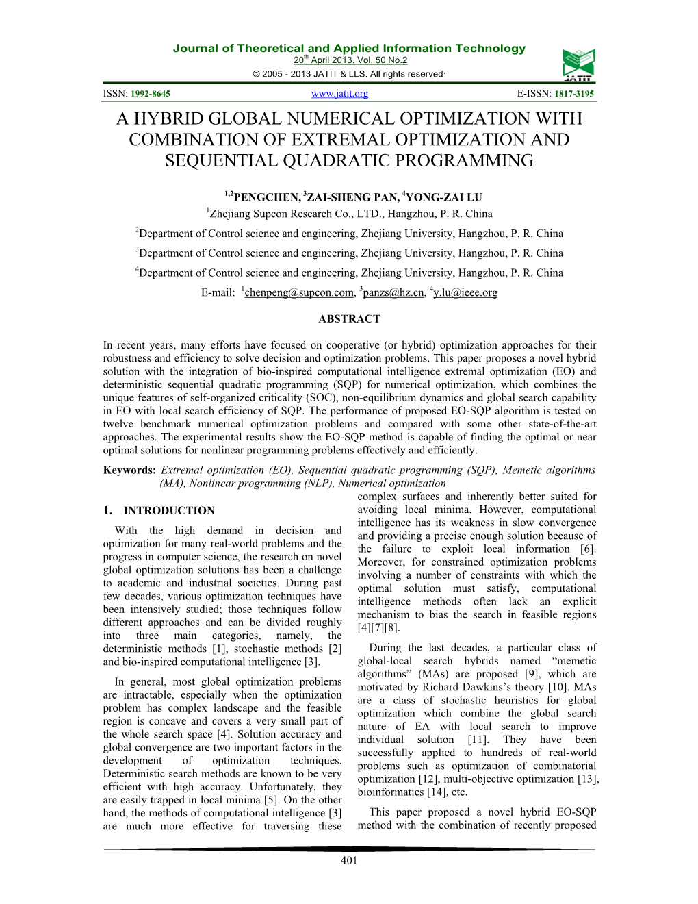 A Hybrid Global Numerical Optimization with Combination of Extremal Optimization and Sequential Quadratic Programming