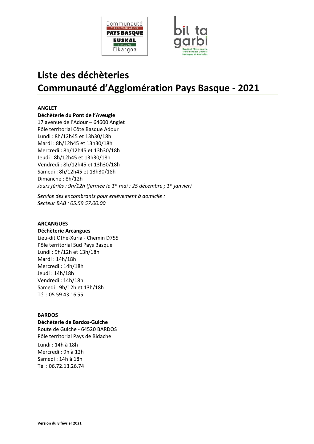 Liste Des Déchèteries Communauté D'agglomération Pays Basque