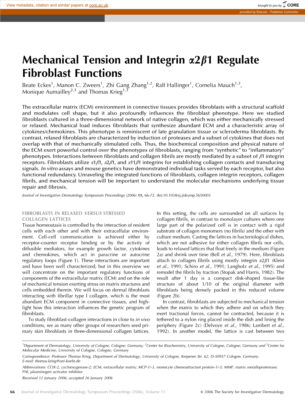 Mechanical Tension and Integrin Α2β1 Regulate Fibroblast Functions