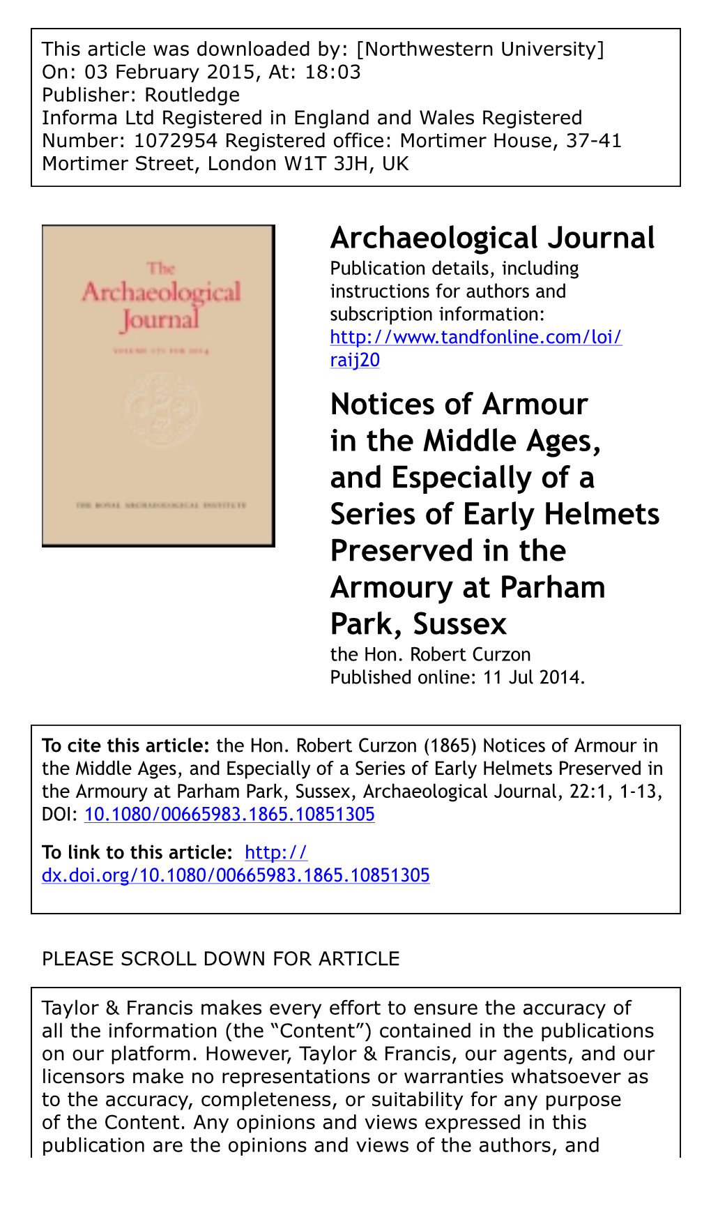 Archaeological Journal Notices of Armour in the Middle Ages, and Especially of a Series of Early Helmets Preserved in the Armour