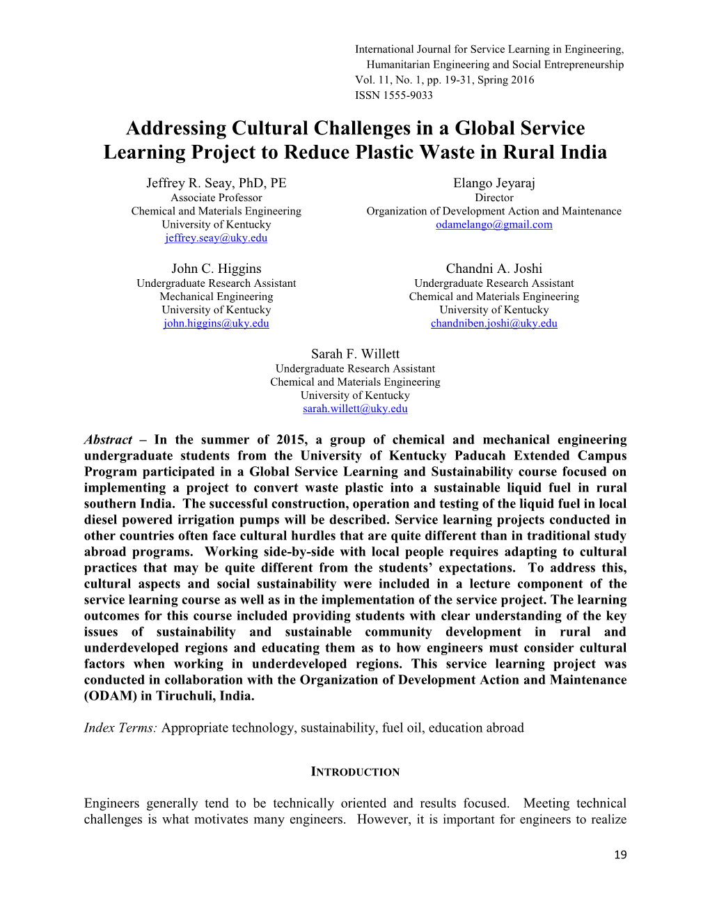 Addressing Cultural Challenges in a Global Service Learning Project to Reduce Plastic Waste in Rural India Jeffrey R