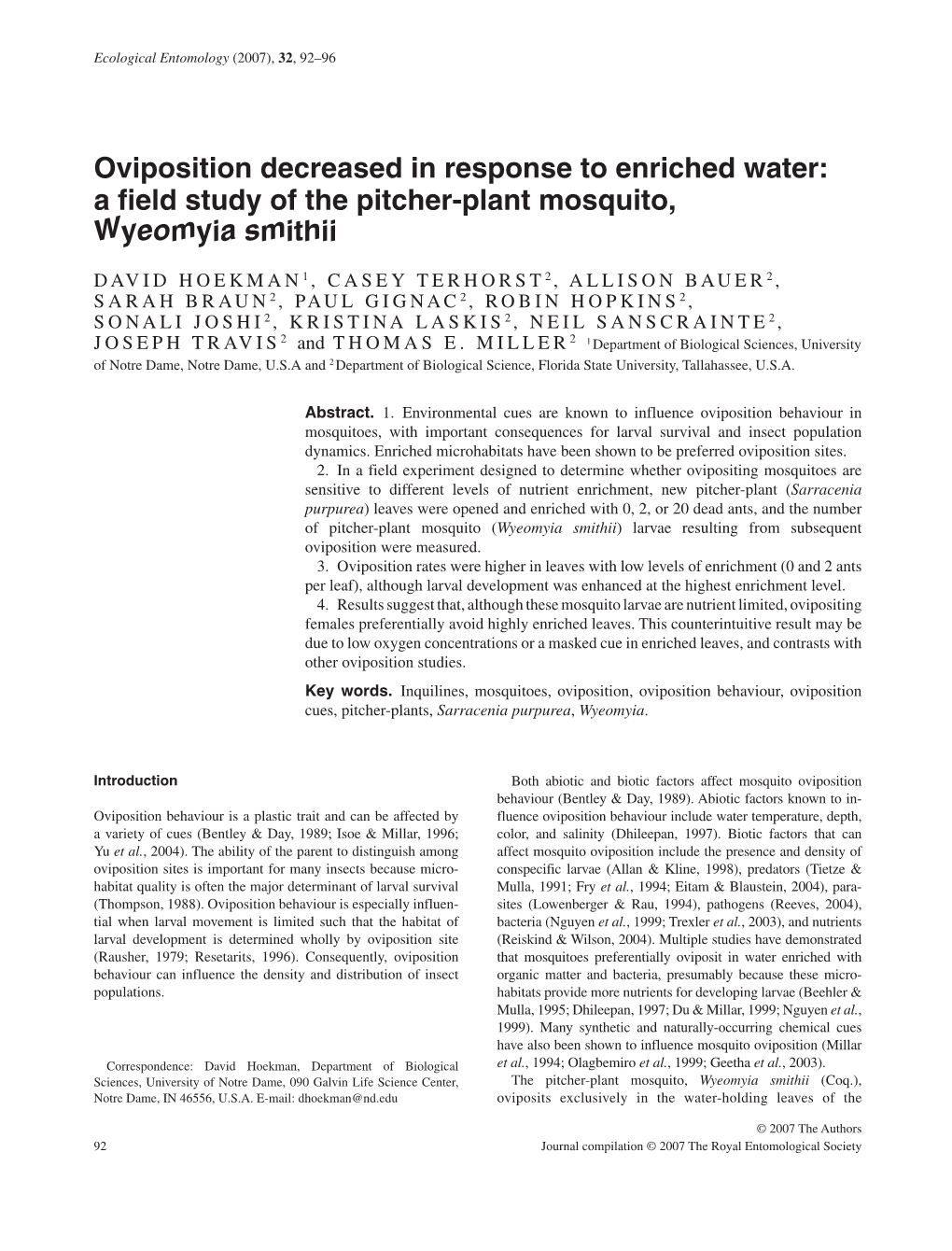 Oviposition Decreased in Response to Enriched Water: a Field Study of the Pitcher-Plant Mosquito, Wyeomyia Smithii