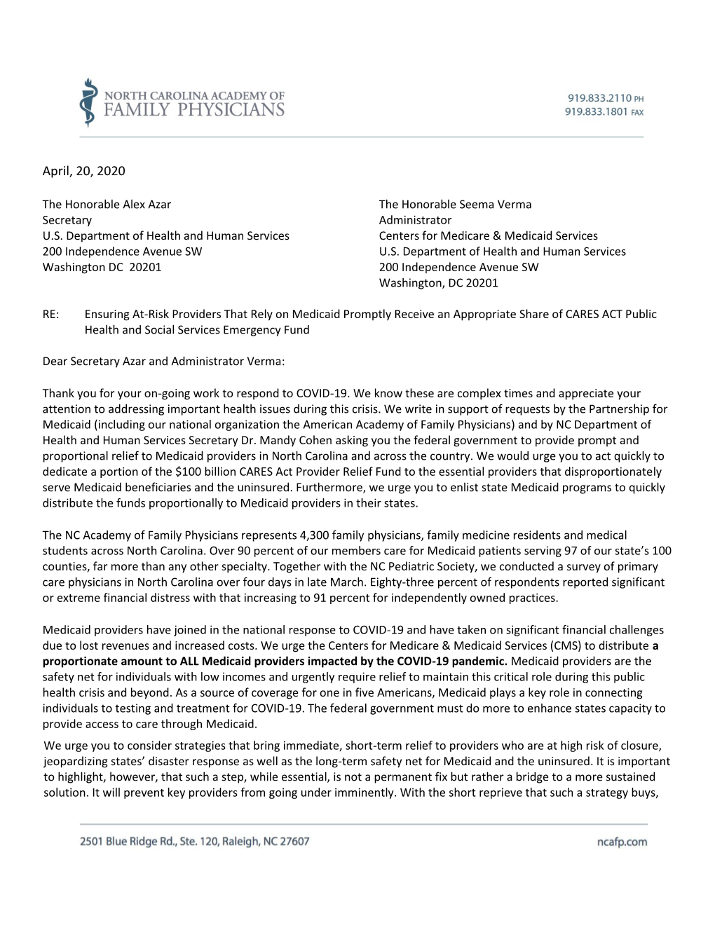 Letter to US DHHS Advocating for Relief for Medicaid