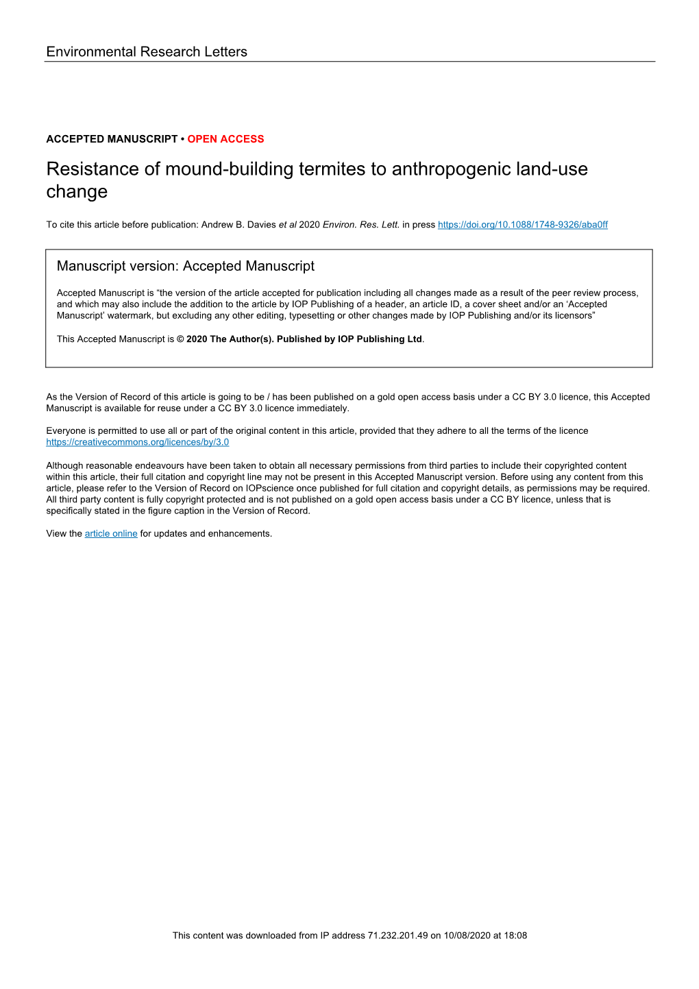 Resistance of Mound-Building Termites to Anthropogenic Land-Use Change