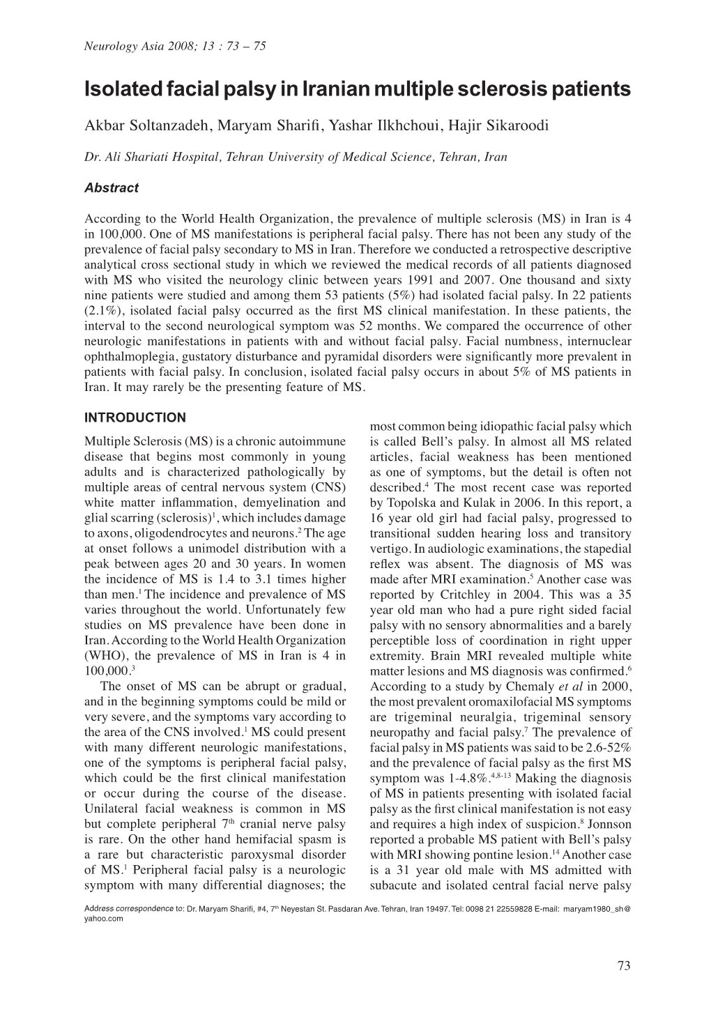 Isolated Facial Palsy in Iranian Multiple Sclerosis Patients