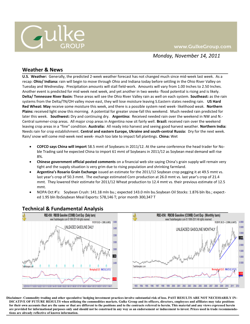 Disclaimer: Commodity Trading and Other Speculative/ Hedging Investment Practices Involve