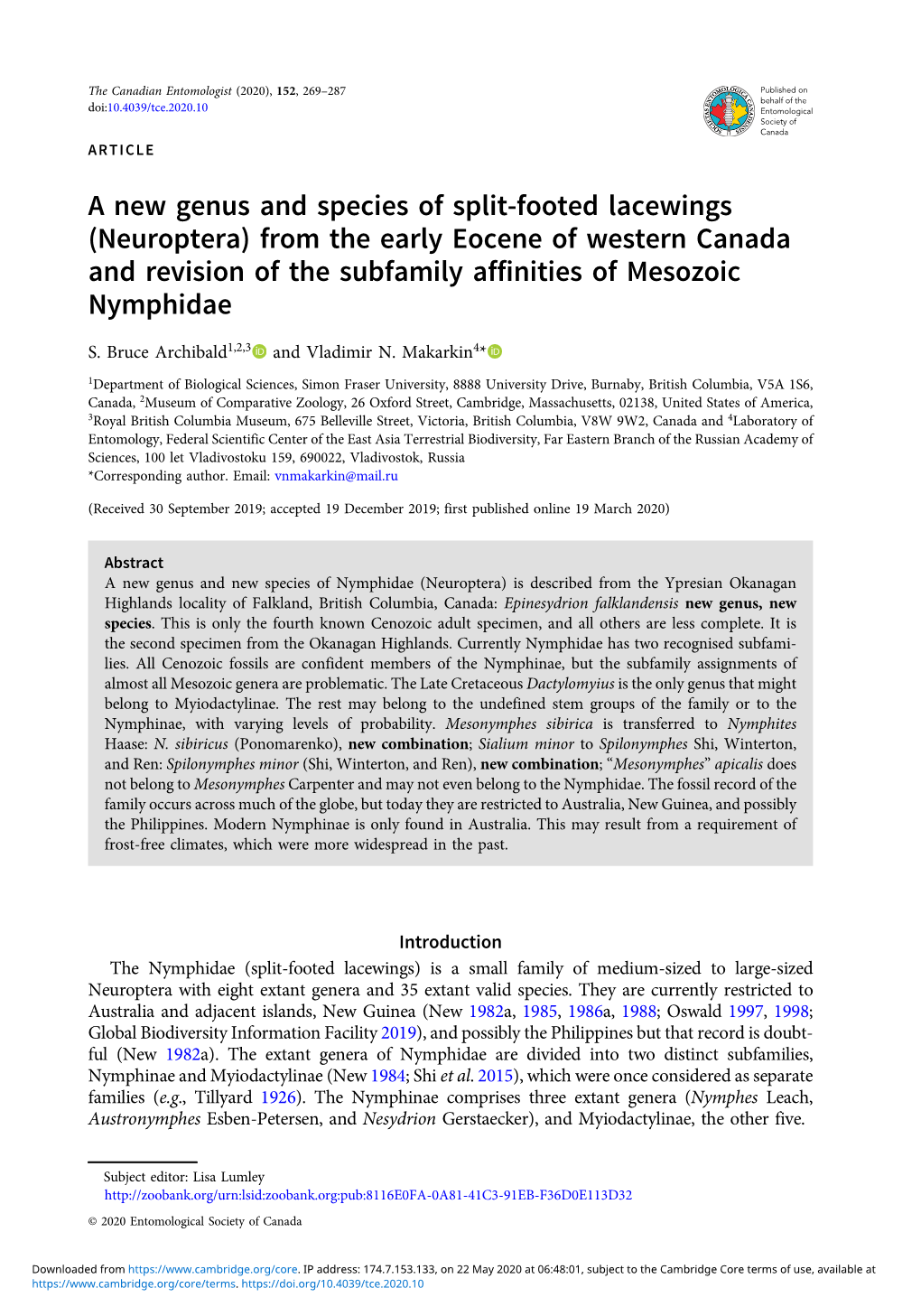 A New Genus and Species of Split-Footed Lacewings (Neuroptera) from the Early Eocene of Western Canada and Revision of the Subfamily Affinities of Mesozoic Nymphidae