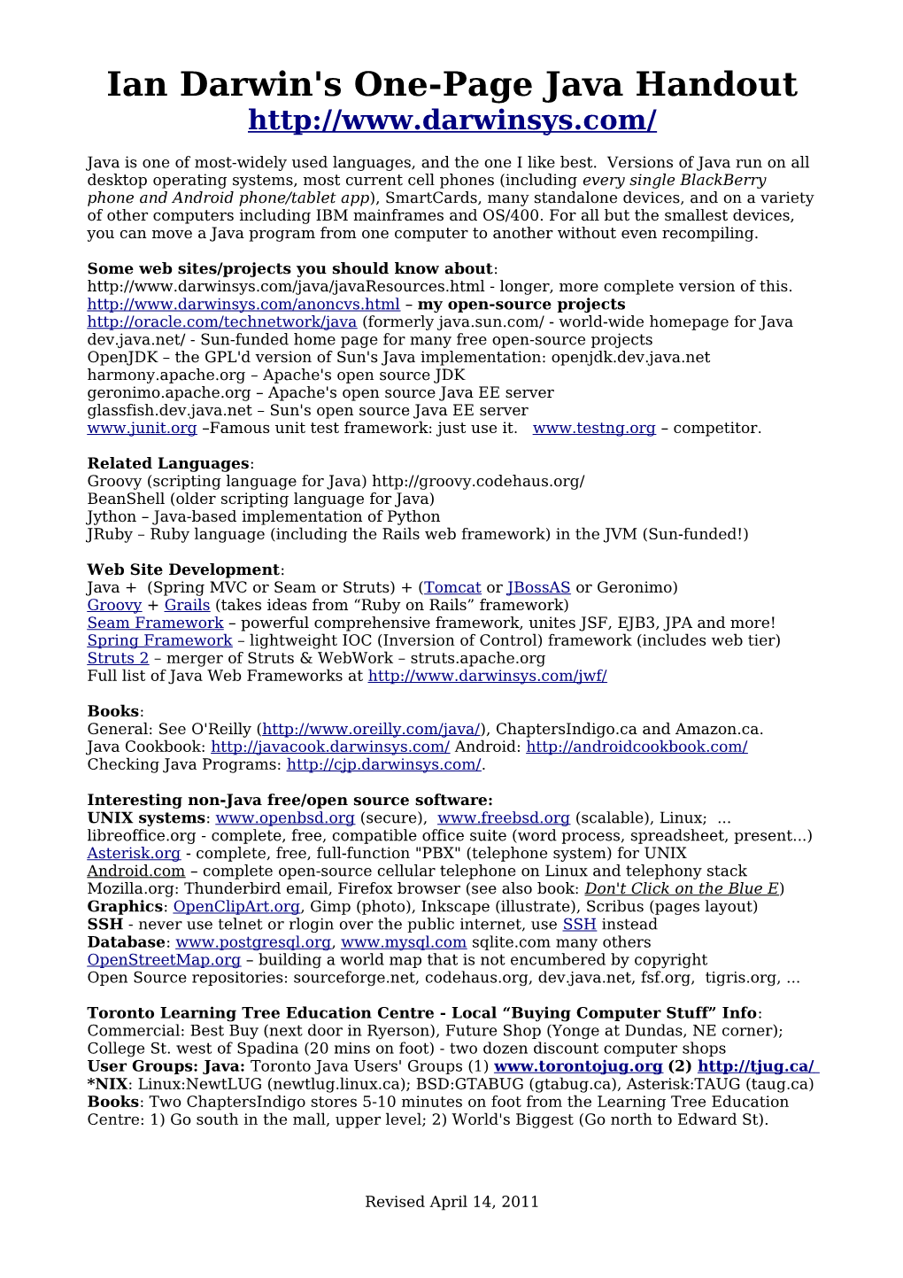 Ian Darwin's One-Page Java Handout