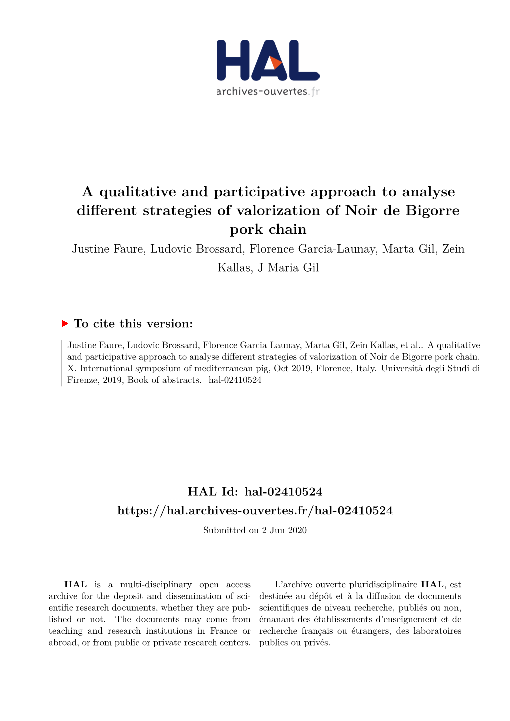 A Qualitative and Participative Approach to Analyse Different Strategies of Valorization of Noir De Bigorre Pork Chain