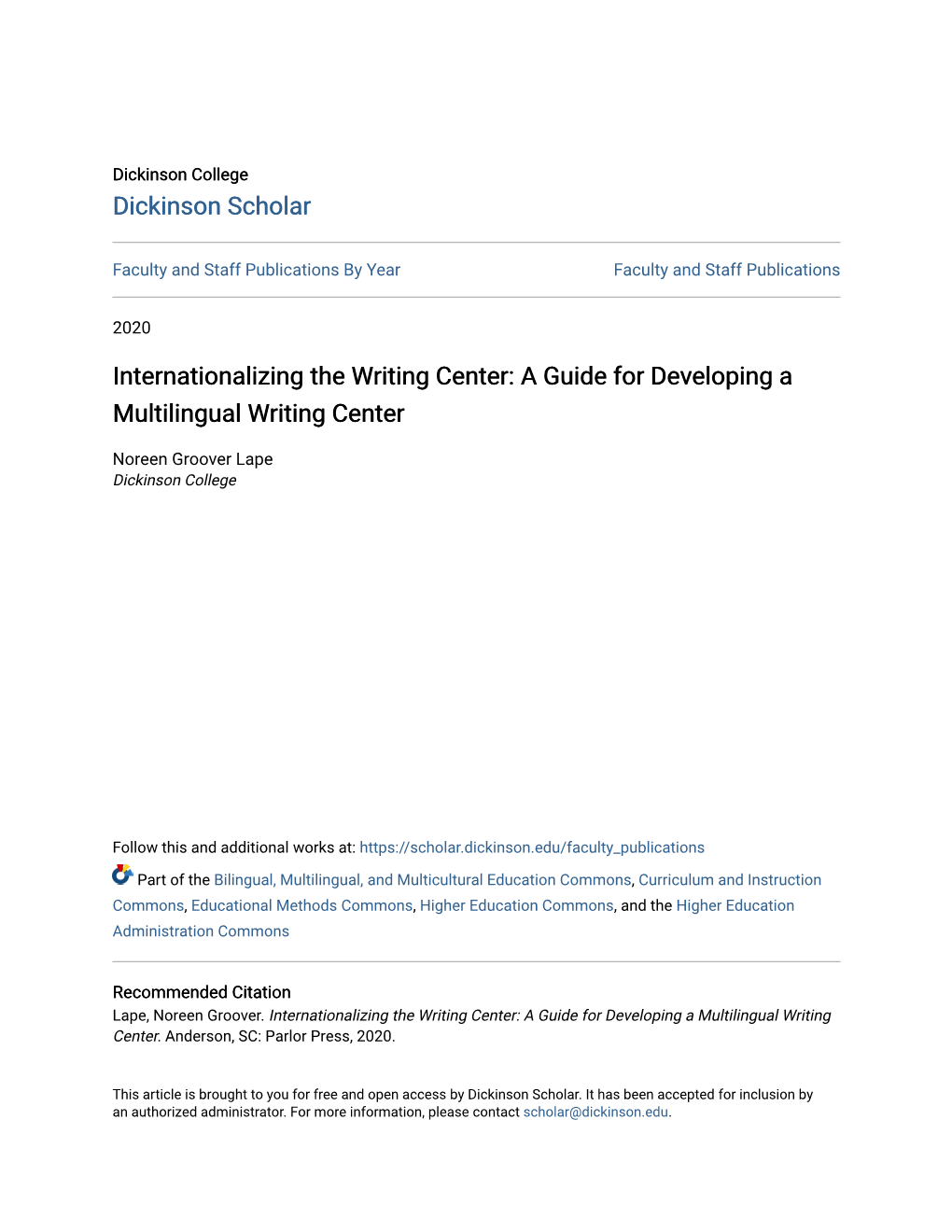 Internationalizing the Writing Center: a Guide for Developing a Multilingual Writing Center