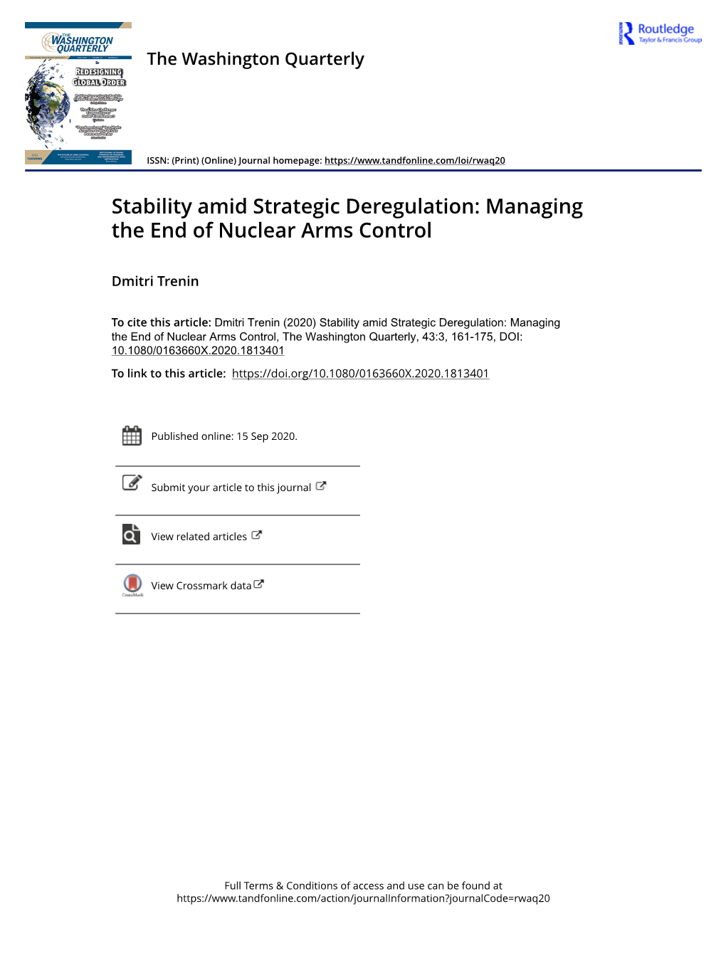 Stability Amid Strategic Deregulation: Managing the End of Nuclear Arms Control