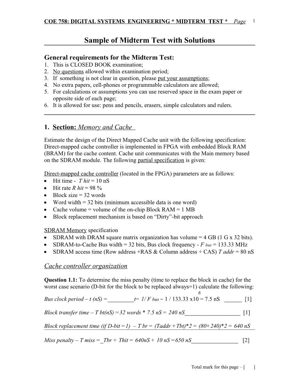 ELE 758 * DIGITAL SYSTEMS ENGINEERING * MIDTERM TEST * Page 1