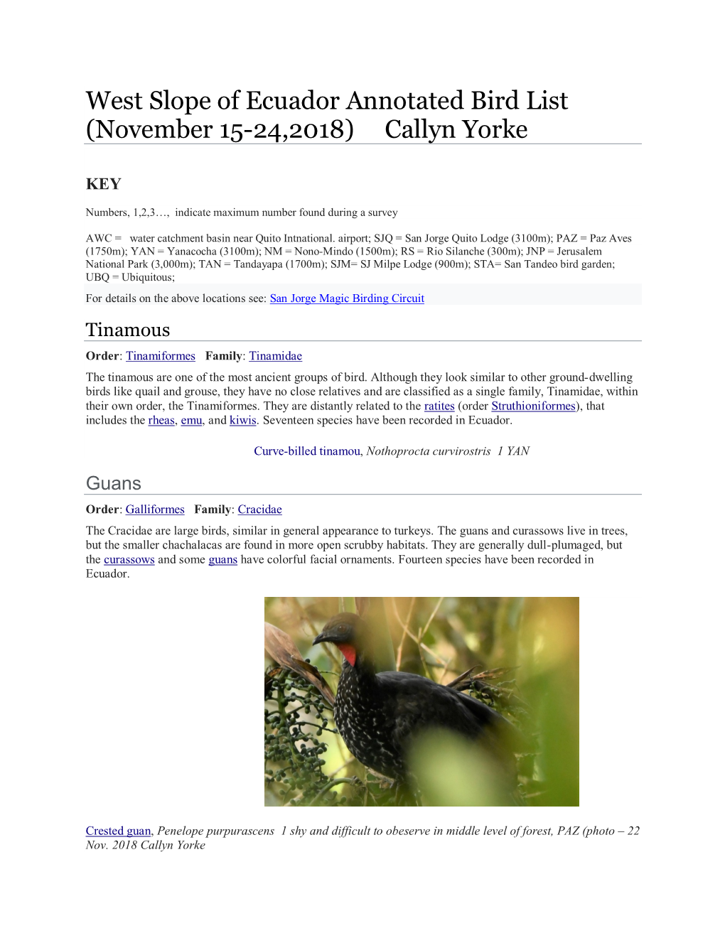 Annotated Bird List (November 15-24,2018) Callyn Yorke
