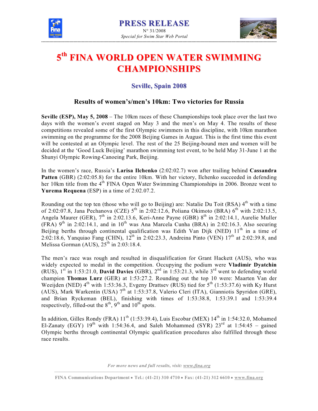 5 Fina World Open Water Swimming Championships