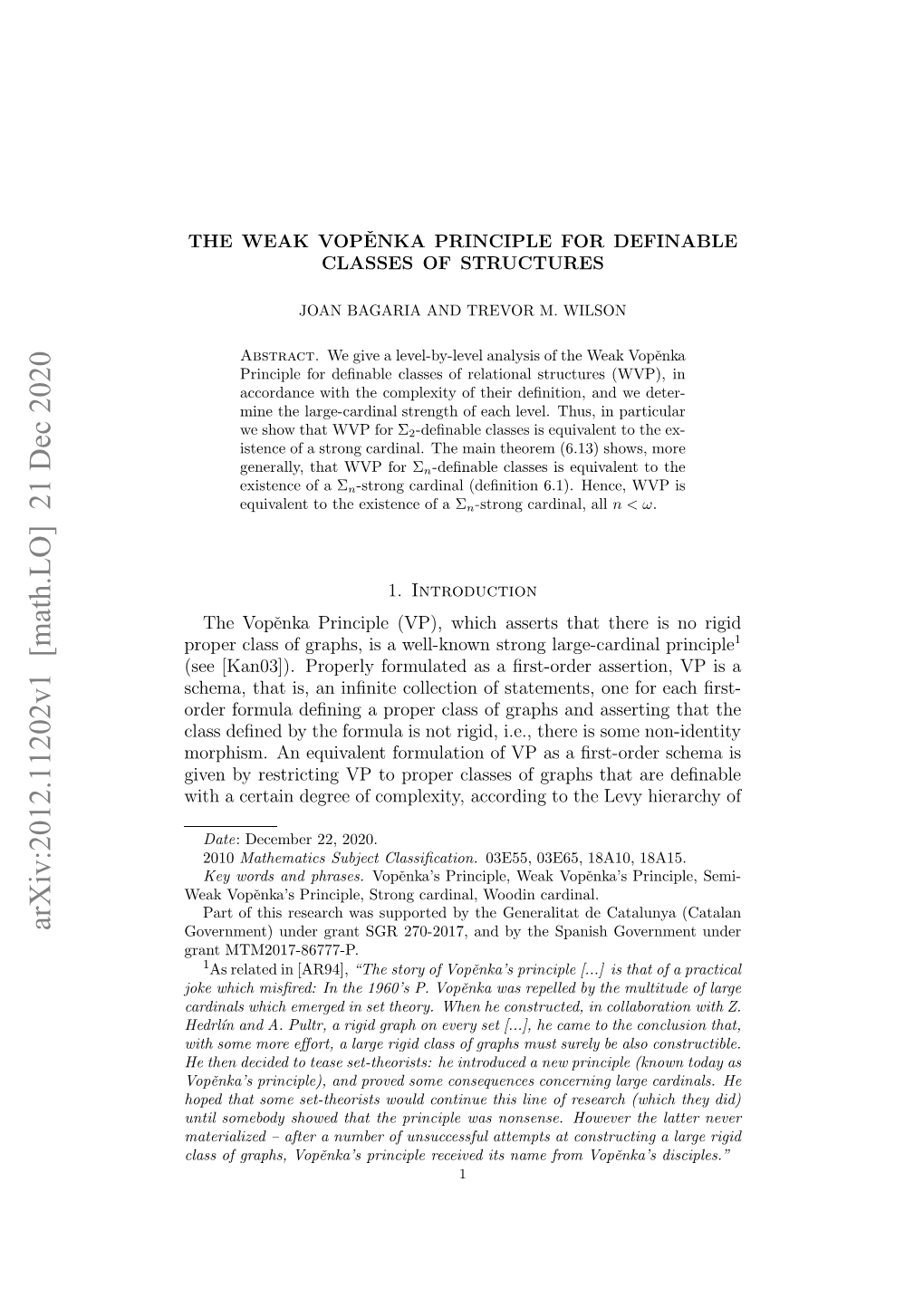 The Weak Vop\V {E} Nka Principle for Definable Classes of Structures
