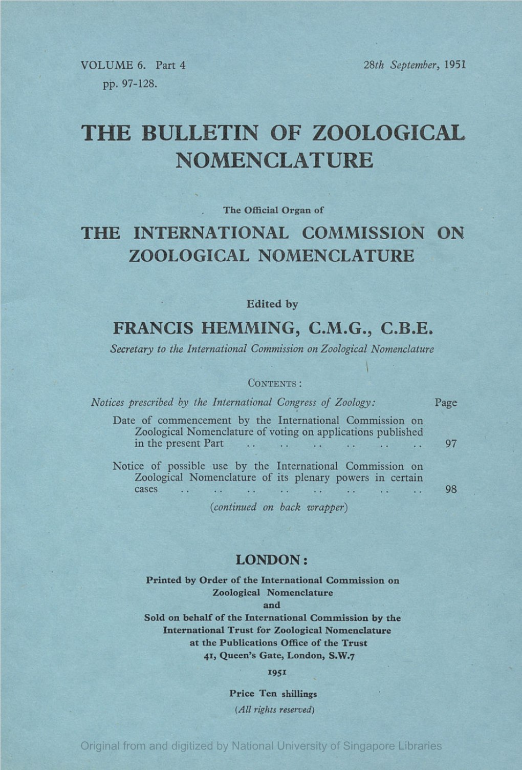 The Bulletin of Zoological Nomenclature, Vol.6, Part 4