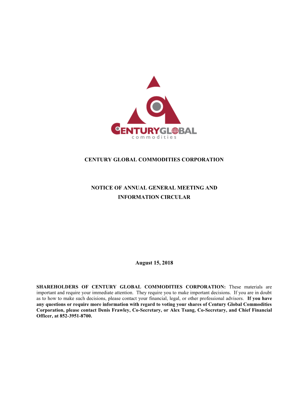 Century Global Commodities Corporation Notice Of