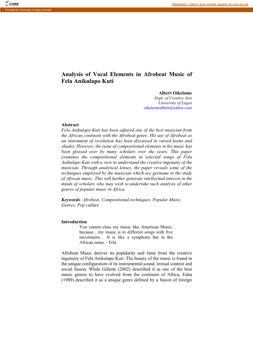 Analysis of Vocal Elements in Afrobeat Music of Fela Anikulapo Kuti