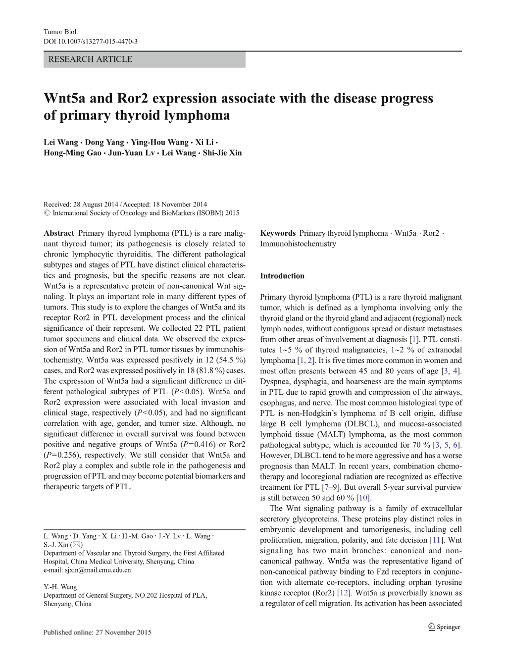 Wnt5a and Ror2 Expression Associate with the Disease Progress of Primary Thyroid Lymphoma