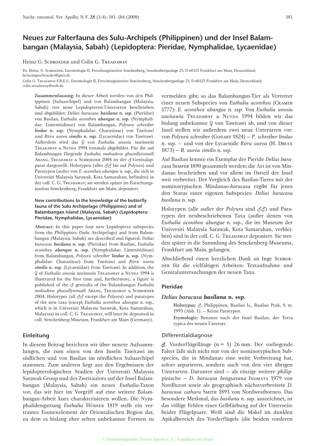 Philippinen) Und Der Insel Balam­ Bangan (Malaysia, Sabah) (Lepidoptera: Pieridae, Nymphalidae, Lycaenidae)