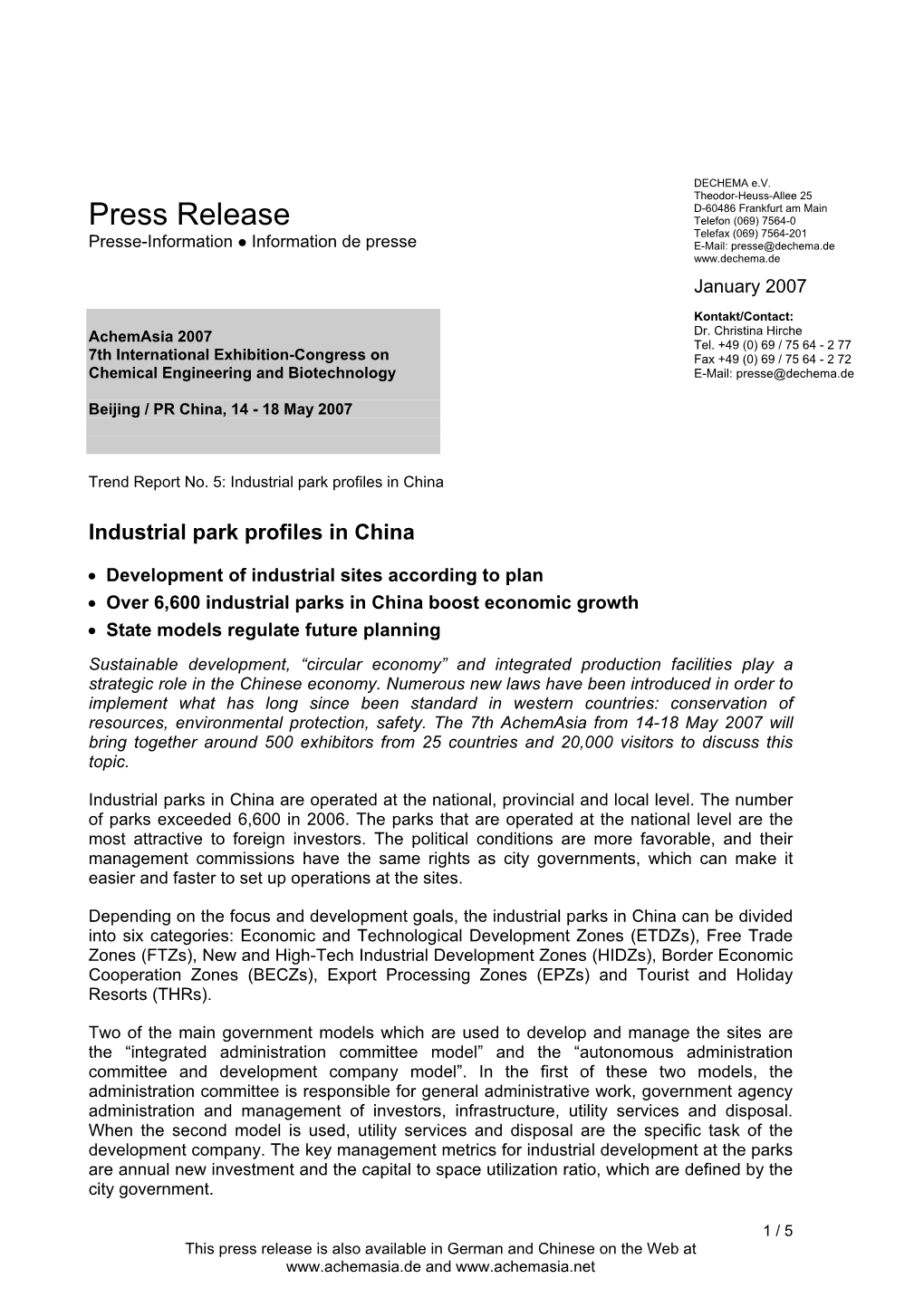 Industrial Park Profiles in China