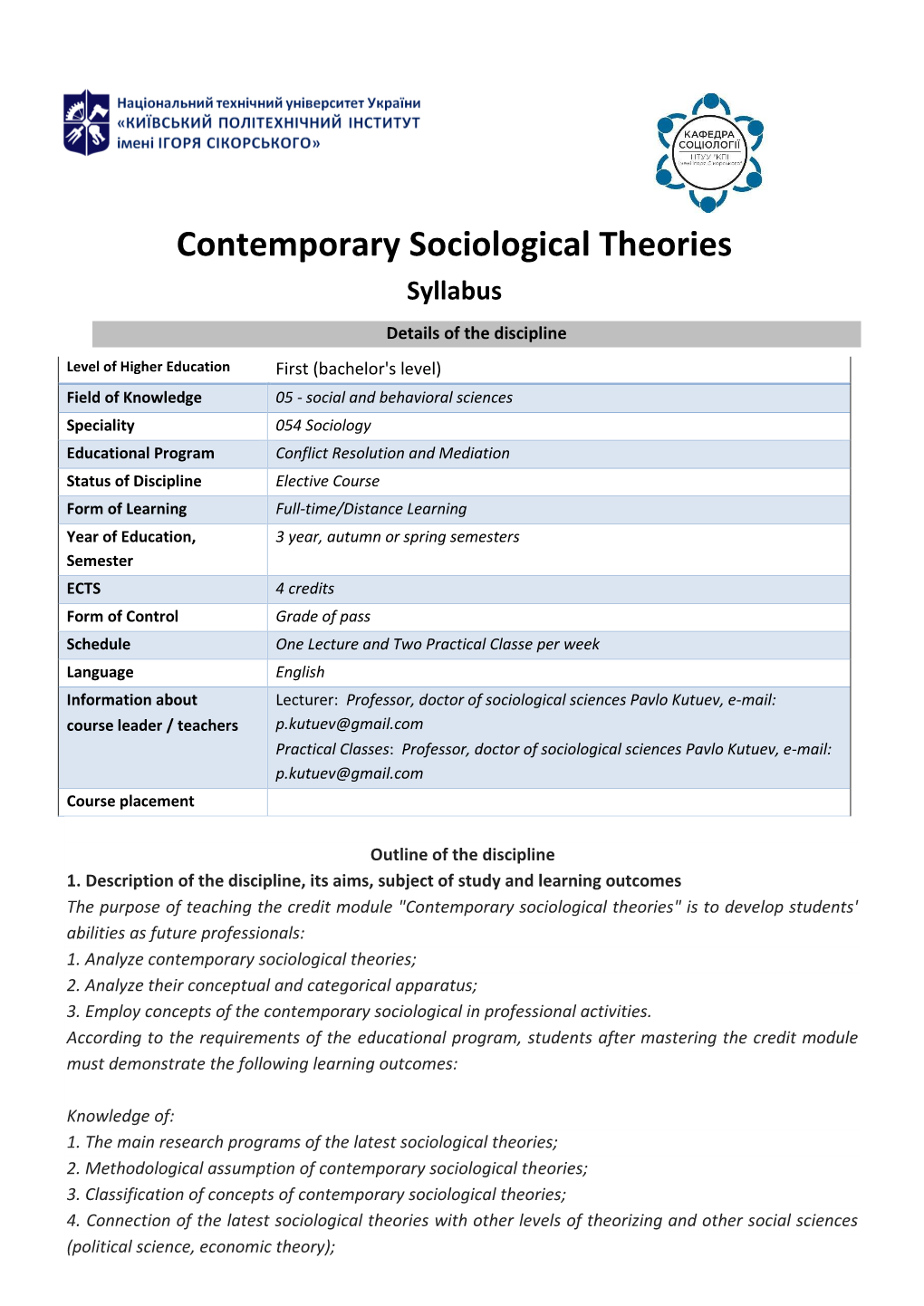 Contemporary Sociological Theories Syllabus Details of the Discipline