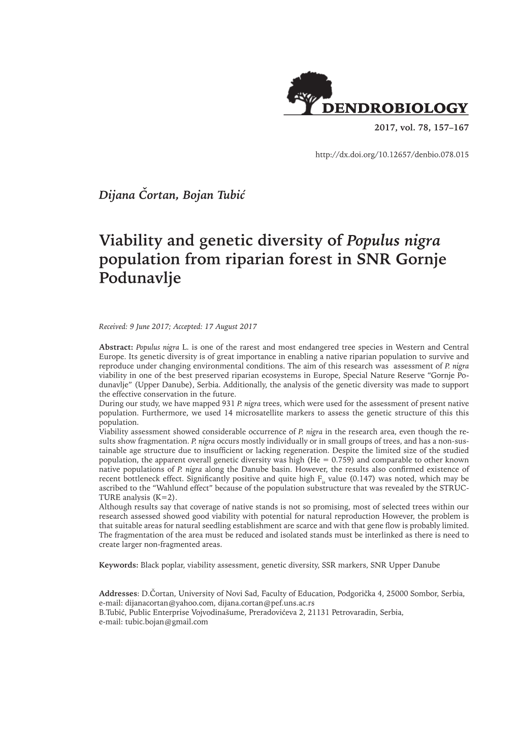 Viability and Genetic Diversity of Populus Nigra Population from Riparian Forest in SNR Gornje Podunavlje