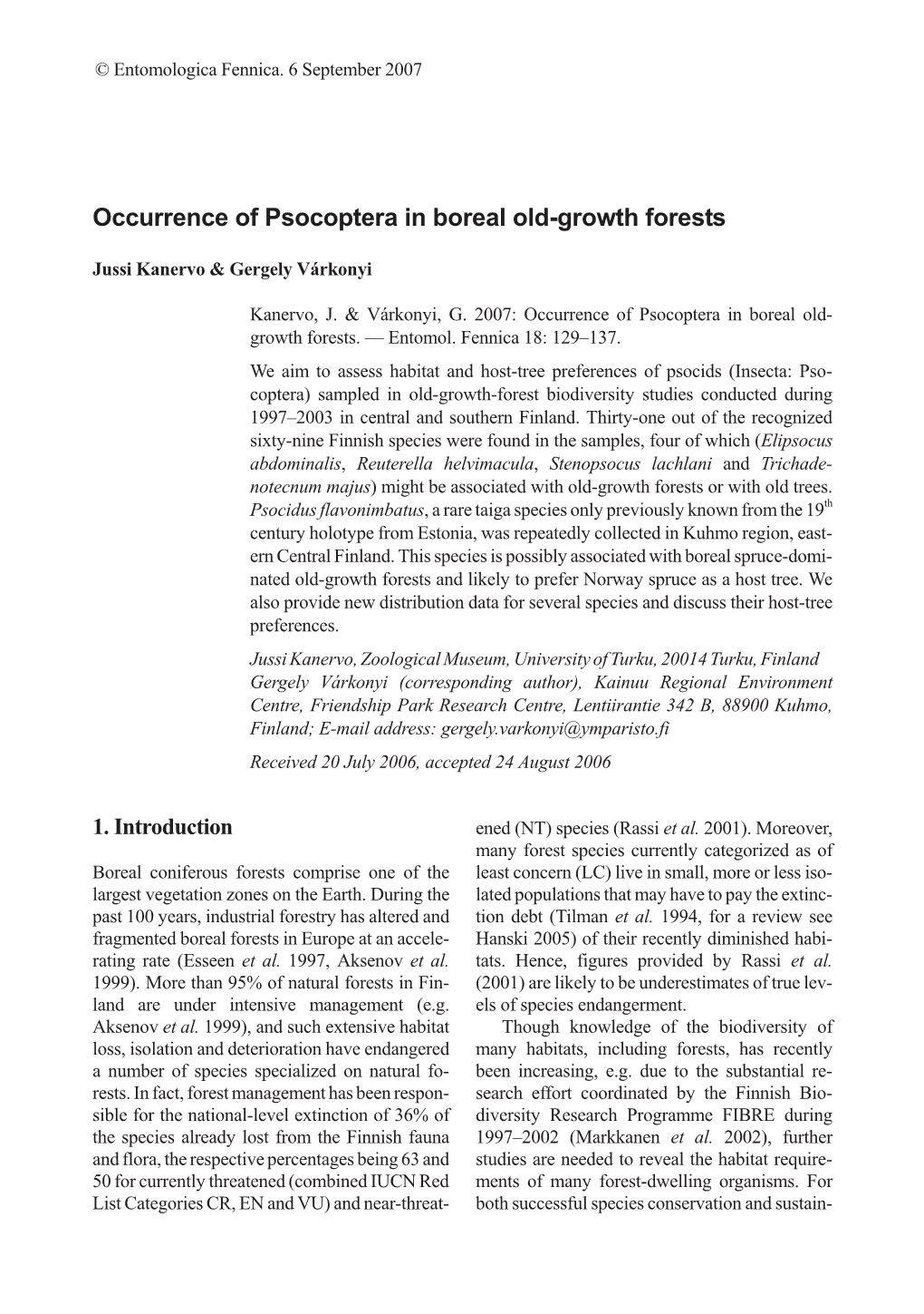 Occurrence of Psocoptera in Boreal Old-Growth Forests