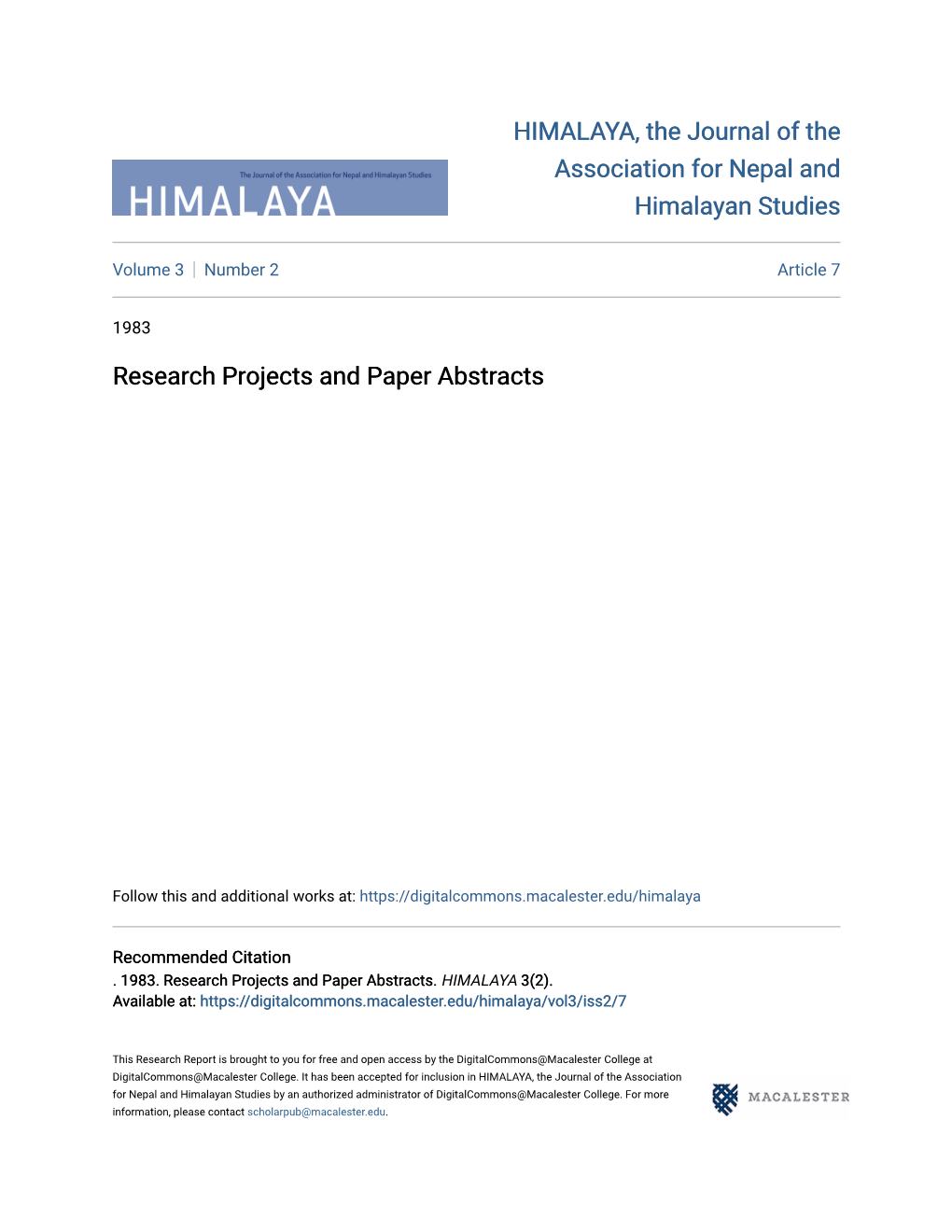 Research Projects and Paper Abstracts