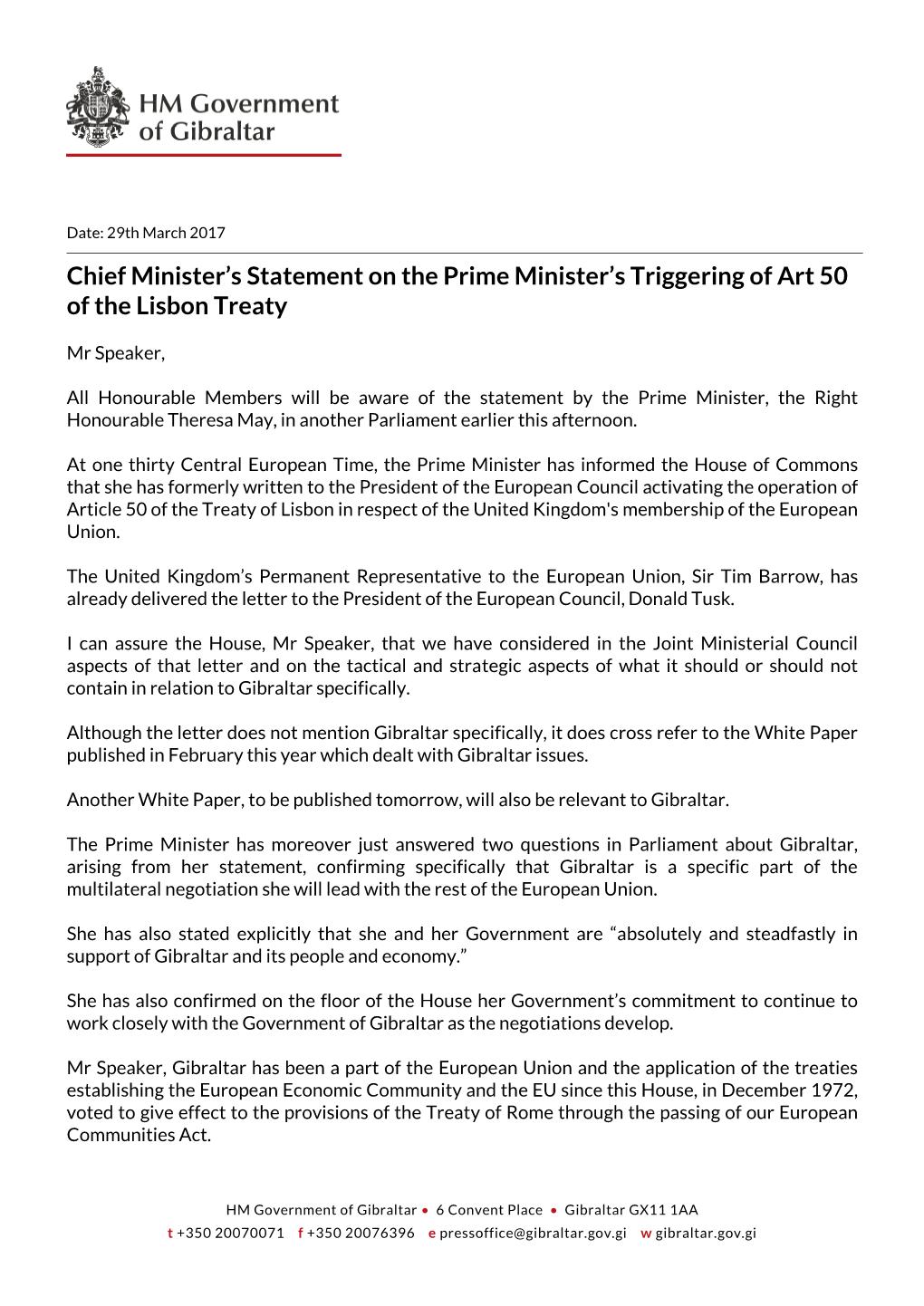 Chief Minister's Statement on the Prime Minister's Triggering of Art 50