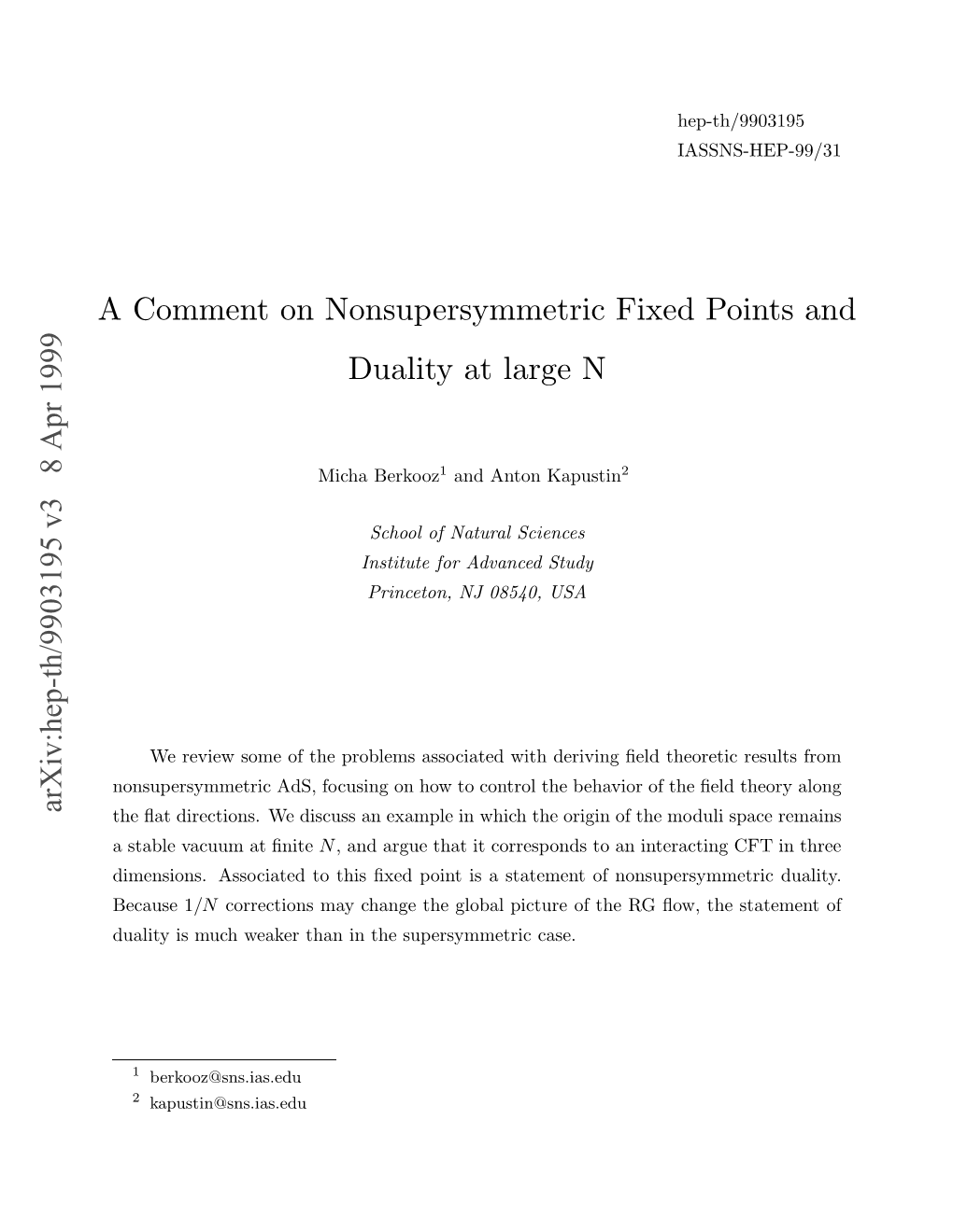 A Comment on Nonsupersymmetric Fixed Points and Duality at Large N