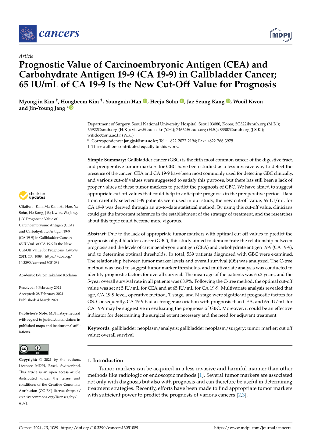 In Gallbladder Cancer; 65 IU/Ml of CA 19-9 Is the New Cut-Off Value for Prognosis