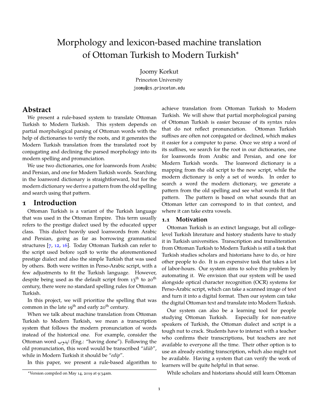 Morphology and Lexicon-Based Machine Translation of Ottoman Turkish to Modern Turkish∗